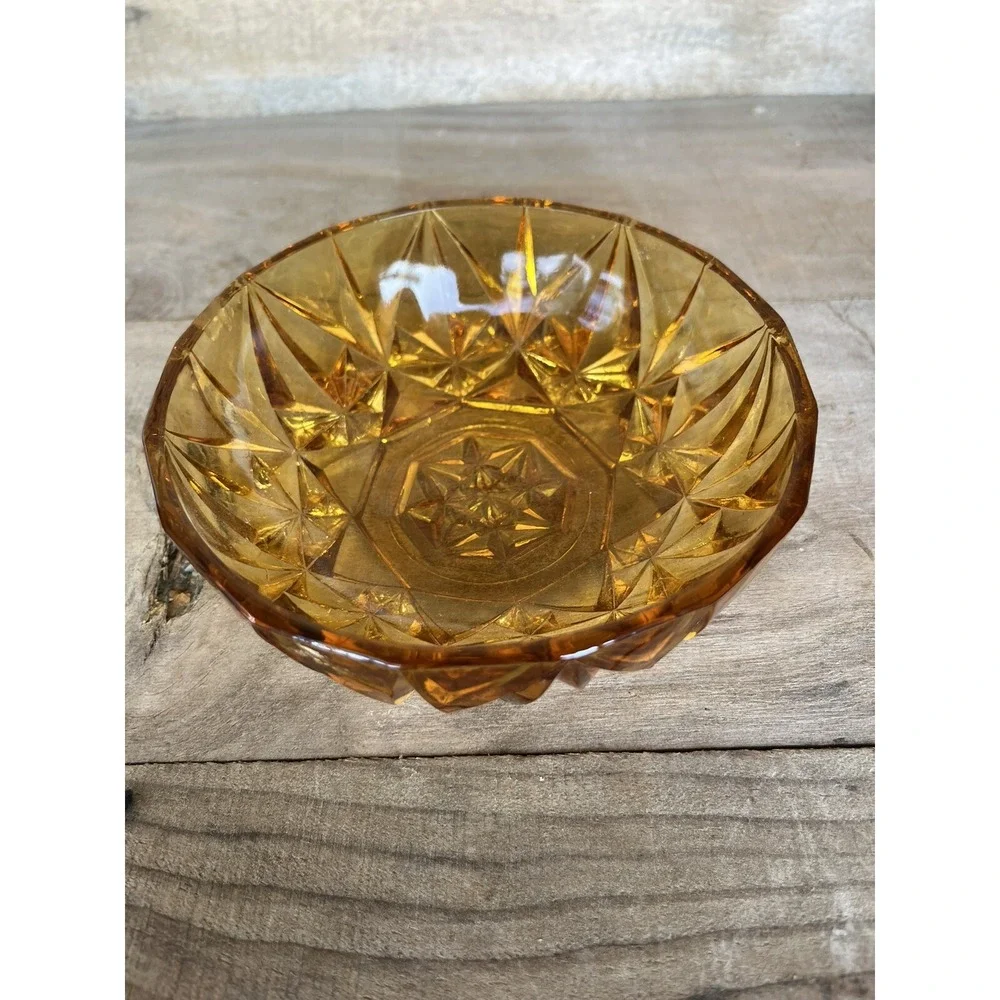 Vintage Amber  Round Cut Glass Candy, Nut Dish  1970s Trinket Dish Candy‎ Dish